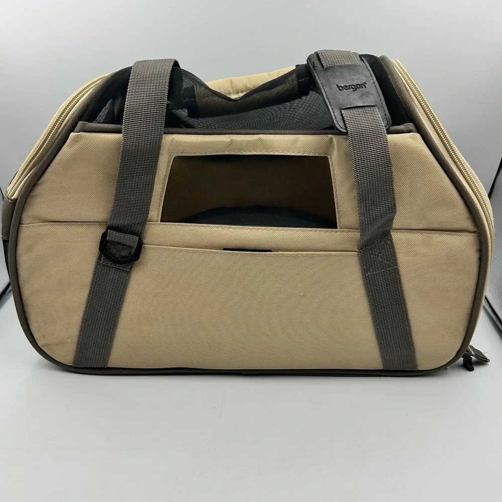Bergan Comfort Carrier Taupe Small Pet Travel Bag Mesh Fleece Bed 16W x 12T x 8D
